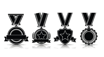 Set of four textured silhouette medals with ribbons representing achievement and victory vector