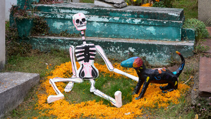 A skeleton and a dog are sitting on the grass in front of a cemetery. Mexico, zacatlan de las...