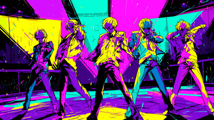 K-POPボーイズグループがパフォーマンスするシーンのイラスト