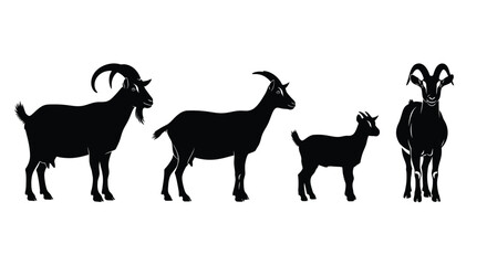 Silhouettes of four goats standing side by side with different horn styles and sizes vector