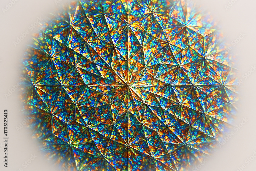 Poster close up abstract texture of shimmering iridescent holographic material with fragmented geometric pa