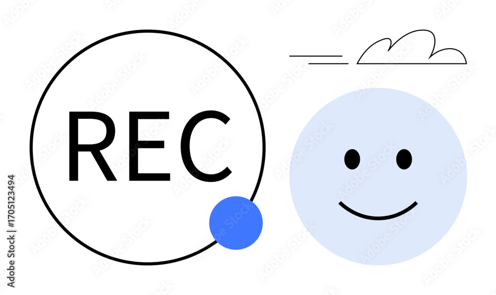Aufkleber smiling blue face next to a rec button with a dot indicator, minimal cloud in motion line style. ide