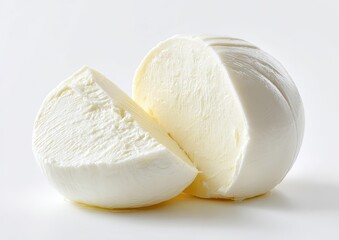 A whole ball of fresh mozzarella, sliced in half, showcasing its smooth, creamy interior
