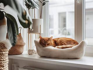 Fototapeta na wymiar Ginger cat napping comfortably on windowsill, soft sunlight filtering through houseplants, creating tranquil home interior scene