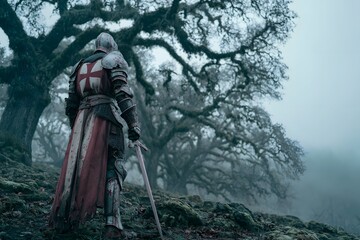Fototapeta premium Crusader stands firm on foggy hill in battle-worn dented steel armor gripping heavy sword.