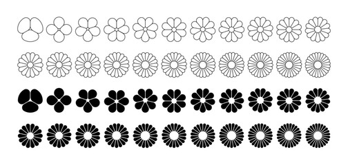 Flower petal shape icons set. Infographic circle diagram. Pie simple chart. Flower leaves geometric graphic element. Round wheel design chart. Vector illustration isolated on white background.