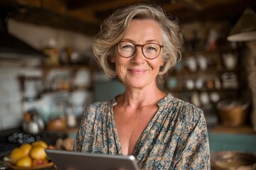 Senior woman smiling confidently using a tablet like a tech-savvy captain at home.