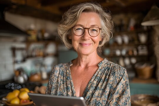 Senior woman smiling confidently using a tablet like a tech-savvy captain at home.