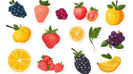 37.Stickers with Fruits and Berries in Flat Cartoon Design