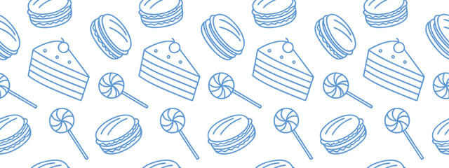 Seamless dessert pattern with cake slices, macarons, and candy lollipops in a cute hand-drawn style. Perfect for bakery packaging, fabric prints, and digital backgrounds. Sweet food motif design.