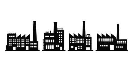 Obraz premium Industrial factory silhouettes collection set of manufacturing buildings with smokestacks on white vector