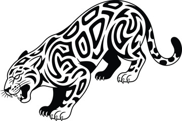 Black tribal jaguar roaring with open mouth and sharp claws