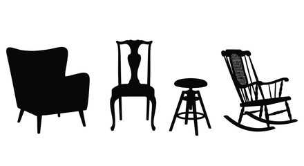 Fototapeta premium Collection of silhouette furniture icons featuring armchair dining chair stool and rocking chair vector