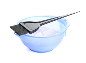 Care cosmetic product for blonde hair. Powder in bowl and brush isolated on white
