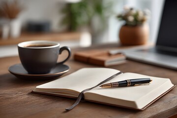 diary open on wooden table with pen coffee mug laptop and notebook in background perfect for banners