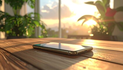 Phone rests on a sunlit wooden table. Lush green plants and a bright sunset are seen through a window. Light casts shadows