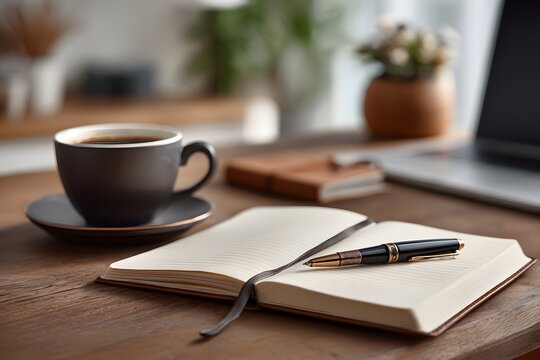 diary open on wooden table with pen coffee mug laptop and notebook in background perfect for banners