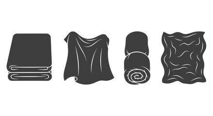 Set of four fabric textures showing folded and rolled blankets and towels in dark grey silhouette vector