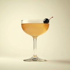 Cocktail in coupe glass topped with a black cherry against a soft background