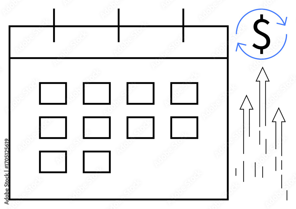 Aufkleber calendar with grid layout, dollar sign with curved arrows, and multiple upward arrows. ideal for bus