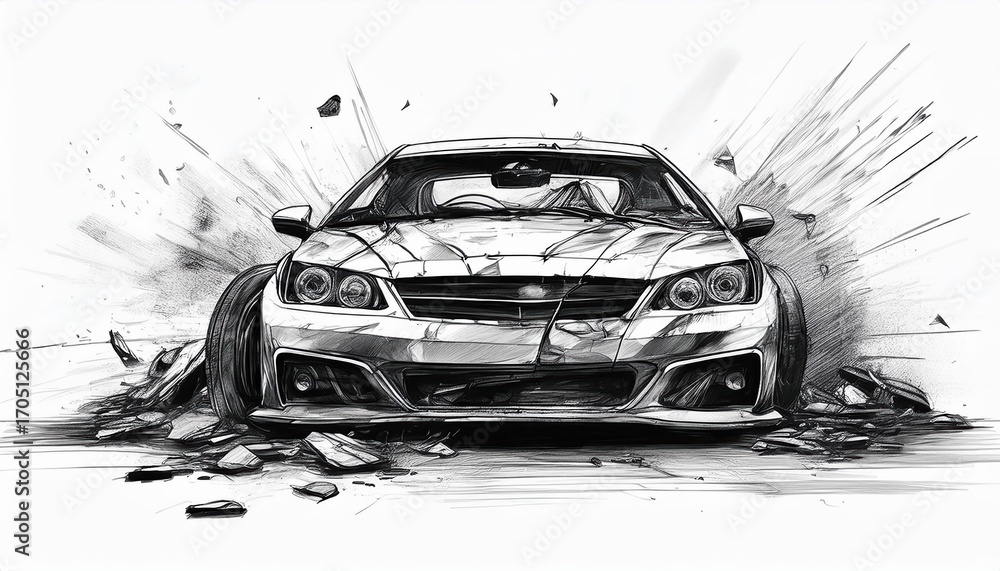 Poster conceptual black and white sketch of a car bursting through debris with dynamic lines and dramatic i