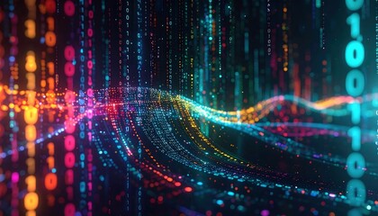 Vivid digital abstract with binary code flowing like a wave, showcasing vibrant colors and data visualization