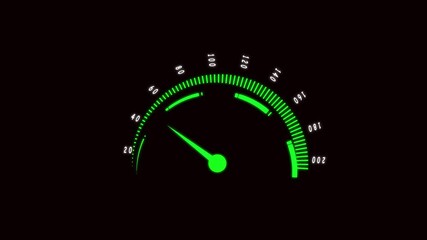 Animated speedometer gauge neon green rising progress performance hud dashboard digital interface loop. Green neon speedometer gauge animation rising progress performance. - Powered by Adobe