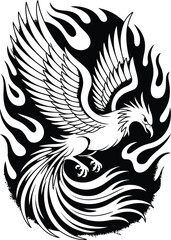 Black and white phoenix bird with flames fire
