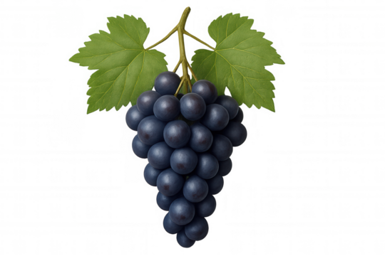 Ripe red grape cluster featuring verdant leaves, harvested fresh and arranged against transparent backdrop, ideal for culinary imagery