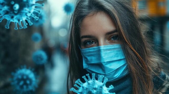 A young woman wearing a mask is surrounded by stylized representations of viruses in a blurred urban environment.