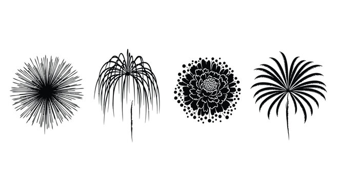 Collection of four stylized black and white fireworks explosions for festive celebrations vector