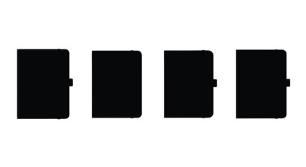 Four identical black notebooks lined up side by side with different closure styles vector