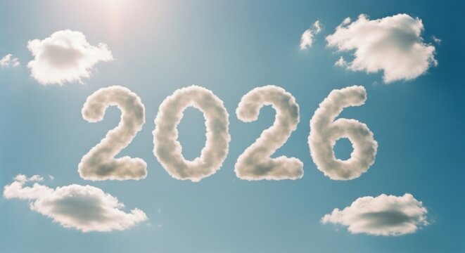 2026" formed from fluffy clouds floats in a bright blue sky, sunny day