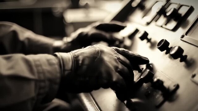 A worker's gloved hands carefully adjusting levers and switches on a vintage industrial machine control panel
