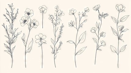 50.Elegant vector collection of hand-drawn botanical elements, including delicate flowers, leafy branches, and blooming stems, in a mix of fine line art and bold silhouette styles, perfect for