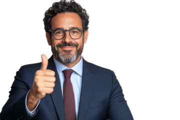 Confident businessman giving a thumbs up gesture, smiling, dressed in formal attire, isolated on white background.