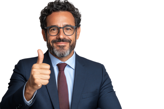 Confident businessman giving a thumbs up gesture, smiling, dressed in formal attire, isolated on white background.