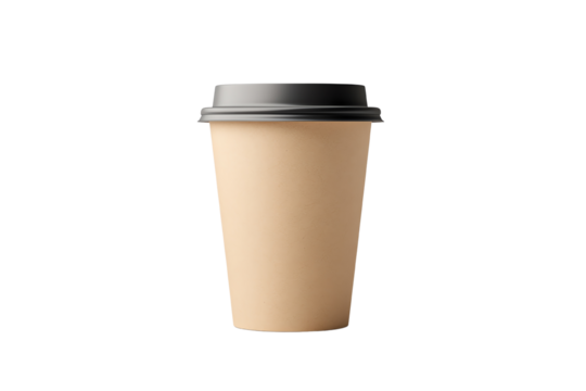 Brown disposable coffee cup with a black lid, isolated on a white background.