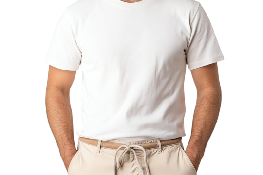 Casual young man in a plain white t-shirt with hands in pockets, standing confidently against a white background.