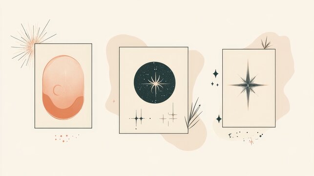 46.Trendy vector set of minimalist frames with clean lines, abstract geometric shapes, and twinkling star elements, creating an aesthetic boho style perfect for invitations or branding.