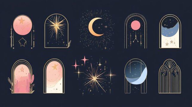 46.Trendy vector set of minimalist frames with clean lines, abstract geometric shapes, and twinkling star elements, creating an aesthetic boho style perfect for invitations or branding.