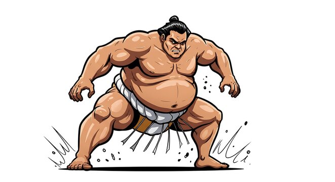 A cartoon style vector of a sumo wrestler in traditional mawashi belt with a determined expression, centered on a clean white background
