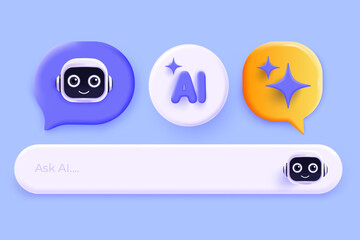 Modern 3D illustration of AI chatbot interface with colorful speech bubbles, text input bar, and futuristic icons. Perfect for tech, apps, messaging, and artificial intelligence concepts. Vector