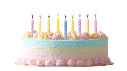 Round birthday cake with colorful frosting and lit candles