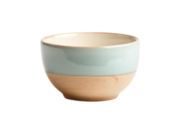 Ceramic bowl with a sleek design, featuring a glossy blue upper half and natural wooden base, isolated on a white background.