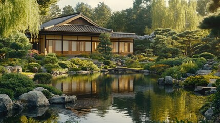 Fototapeta premium Serene Japanese Garden House and Pond Reflection