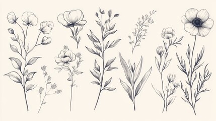 54.Artistic botanical collection of hand-drawn flowers, branches, and leaves in a blend of soft line art and bold silhouettes, designed for elegant branding, wedding invitations, or corporate