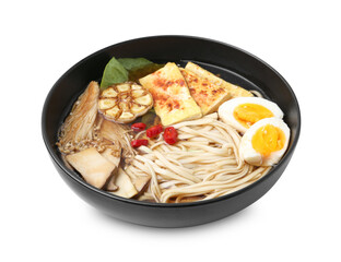 Tasty ramen with enoki and king oyster (eryngii) mushrooms in bowl isolated on white