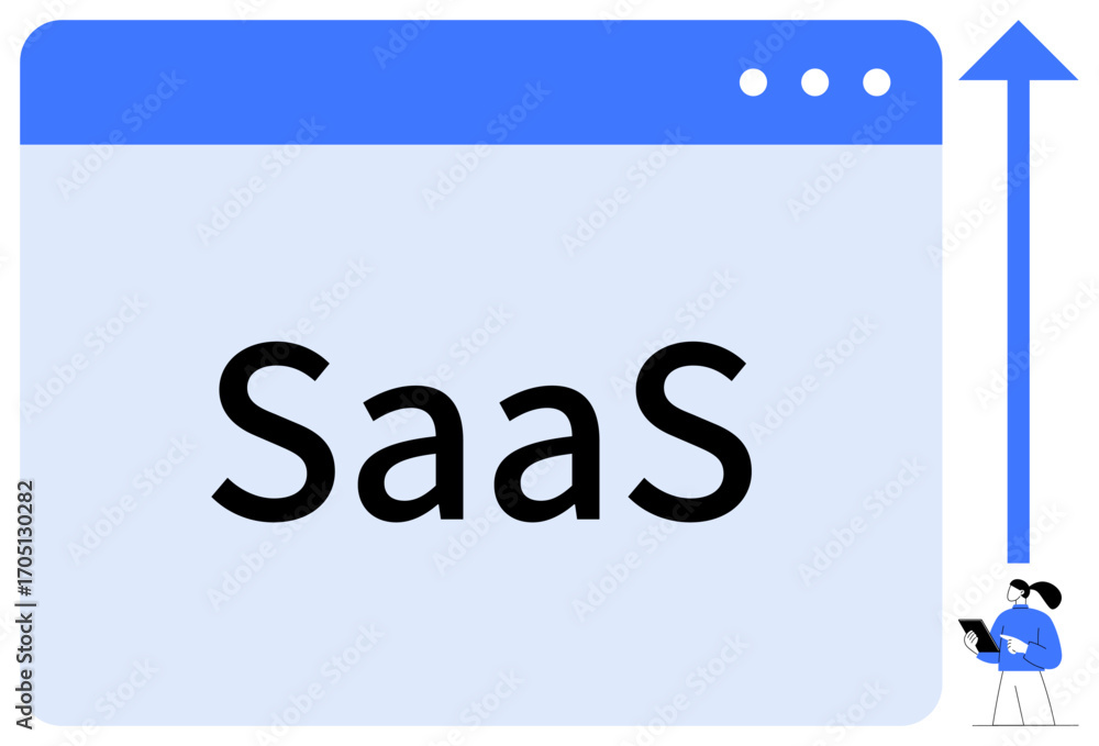 Aufkleber browser window displaying saas text, upward arrow signifying growth, small person analyzing data. id