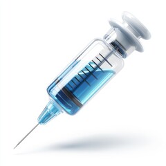 A glass syringe filled with light blue liquid, angled, needle pointed down, casts a subtle shadow on a white background